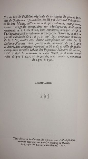 null APOLLINAIRE Guillaume. Le Guetteur mélancolique. Paris, Gallimard, 1952 ; in-12...