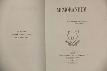 null BARBEY D'AUREVILLY Jules. Mémorandum. Caen, Imprimerie A. Hardel, 1856 ; in-16,...