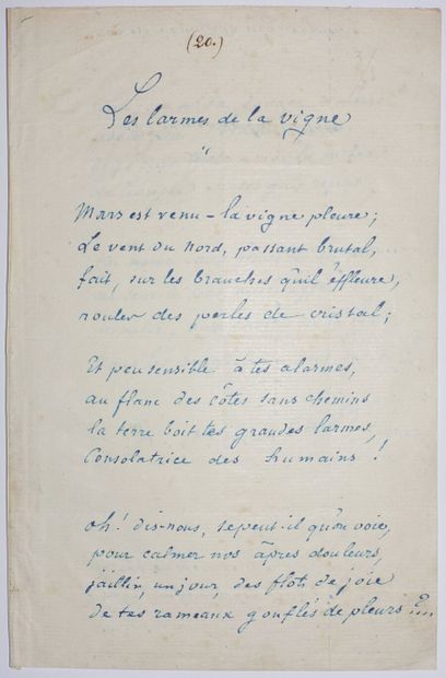 null BOUILHET Louis. The Tears of the Vine. Autograph poem signed, bearing the number...
