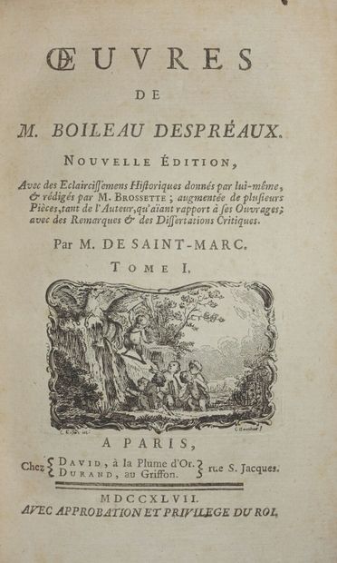 null BOILEAU Nicolas. OEuvres. Paris, David ; Durand, 1747, 5 vol. in-8, reliures...