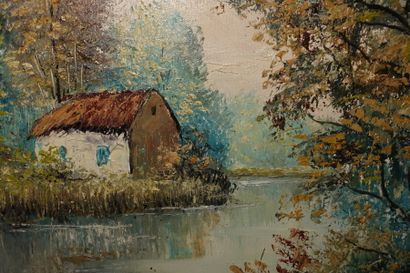 null J.L SCHILLINGER.
House by a river.
Oil on canvas, signed lower left.
Top. :...
