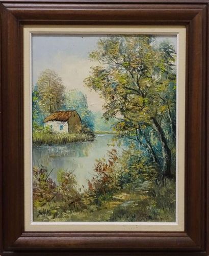 null J.L SCHILLINGER.
Maison au bord d'un cours d'eau.
Huile sur toile, signée en...