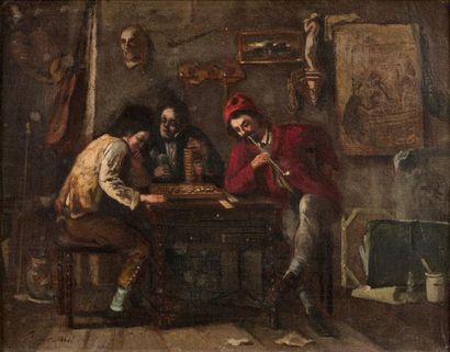 null BOYER.
Les Joueurs dans l'atelier.
Huile sur toile, signée et datée 1860 en...