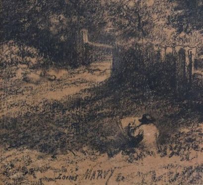 null Louis MARVY (1815-1850).
Paysan devant une chaumière.
Dessin au fusain, signé...