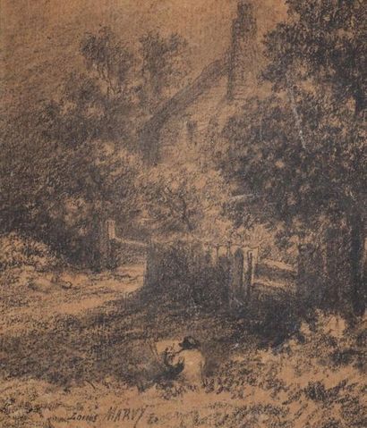 null Louis MARVY (1815-1850).
Paysan devant une chaumière.
Dessin au fusain, signé...