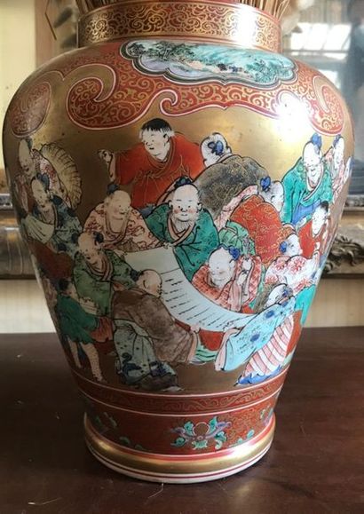 null JAPAN. 
 Satsuma porcelain vase decorated with characters reading a manuscript....