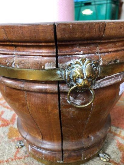 null Natural wood planter cover with copper hoop, lion's whelp plugs, resting on...