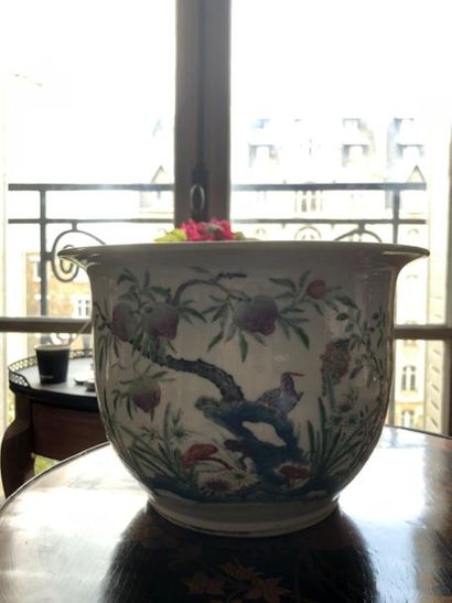 null CHINE, XIXe siècle 
Cache-pot en porcelaine à décor d'oiseaux branchés, pivoines...