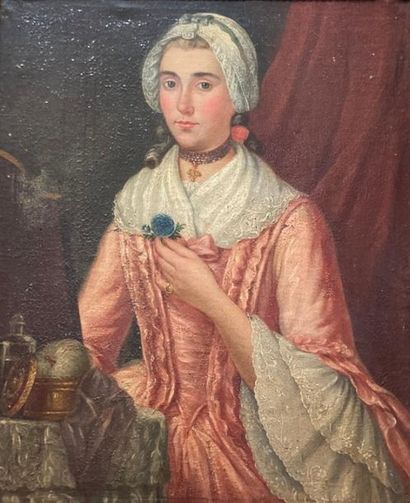 null École française du XVIIIe siècle.
Portrait d'une dame à sa toilette. 
Huile...
