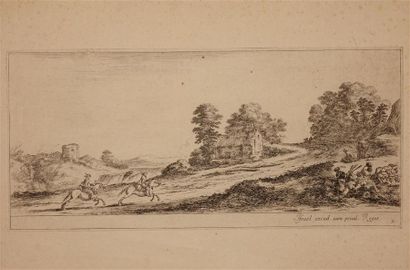 null Two riders in a landscape. Engraving.
188 x 324 mm (Freckles.). In sheet fo...