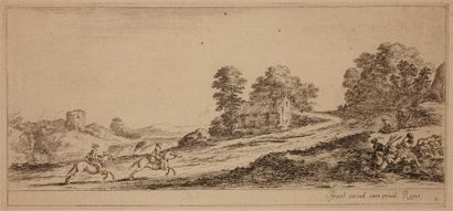 null Deux cavaliers dans un paysage. Gravure.
188 x 324 mm (Rousseurs.). En feui...