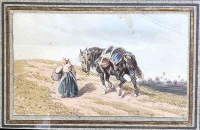 null École du XIXe siècle.
Femme et son cheval 
Aquarelle et encre
(pliures)
Haut....
