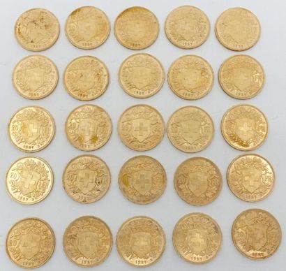 null Vingt-cinq pièces de 20 Francs suisses en or.


Frais acheteur réduits à 8.5%...