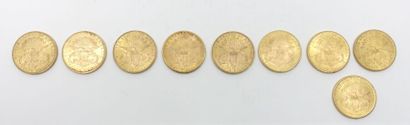 null Neuf pièces de 20 Dollars U.S. (1879 ; 1883 ; 1885 ; 1887 ; 1890 ; 1891 ; 1892...