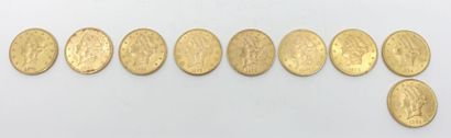 null Neuf pièces de 20 Dollars U.S. (1879 ; 1883 ; 1885 ; 1887 ; 1890 ; 1891 ; 1892...