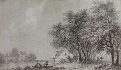 null Aignan-Thomas DESFRICHES (Orléans 1715-1800).

Paysage fluvial animé.

Plume,...