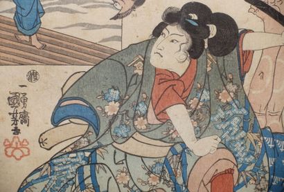 null Kunisada/Toyokuni III: Ensemble de trois oban tate-e, deux portraits d'acteurs,...