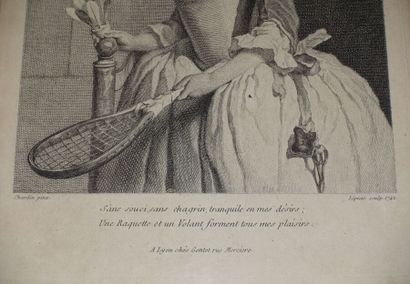  Jean Siméon CHARDIN (1699-1779) (d'après). 
Jeune fille à la raquette. 1742. Gravé...