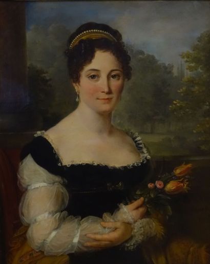 null Constance-Marie CHARPENTIER (Paris 1767-1849).

Portrait de dame tenant un bouquet...