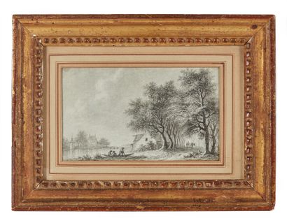 null Aignan-Thomas DESFRICHES (Orléans 1715-1800).

Paysage fluvial animé.

Plume,...
