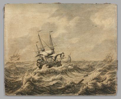  Adrien Van SALM (circa 1660-1720). 
Boats on a rough sea. Restorations in the center...