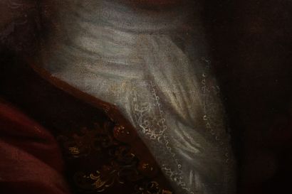  École française vers 1720. 
Portrait d'homme en manteau bleu doublé de rouge. 
Toile....