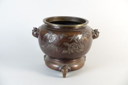 null JAPON - Époque MEIJI (1868-1912).

Cache-pot tripode en bronze à patine brune...