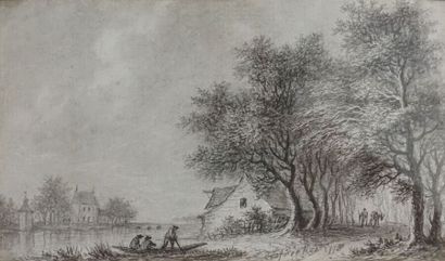 null Aignan-Thomas DESFRICHES (Orléans 1715-1800).

Paysage fluvial animé.

Plume,...