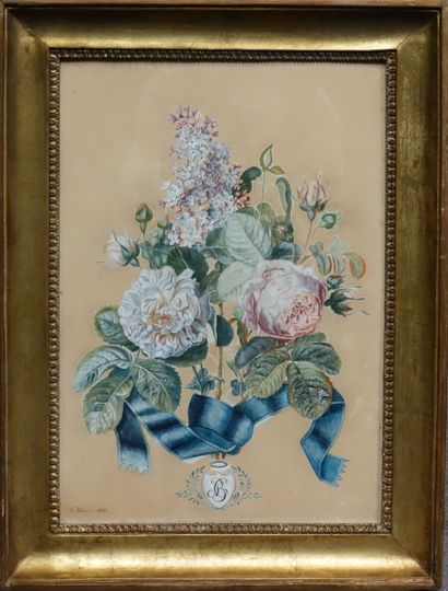 null École française du début du XIXe siècle.

Jeté de fleurs avec roses et lilas,...