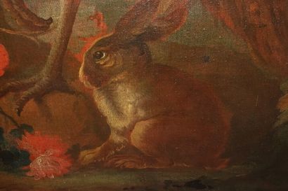  Angelo Maria CRIVELLI dit CRIVELLONE (actif à Milan, mort en 1730). 
Paon, lapins...
