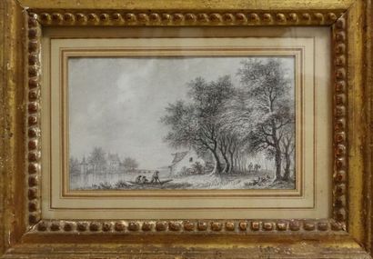 null Aignan-Thomas DESFRICHES (Orléans 1715-1800).

Paysage fluvial animé.

Plume,...