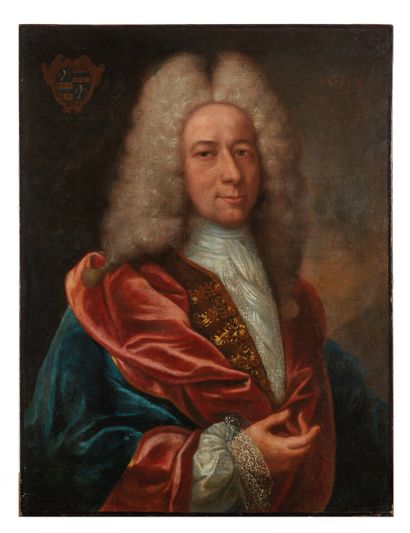 null École française vers 1720.

Portrait d'homme en manteau bleu doublé de rouge.

Toile.

(Restaurations...