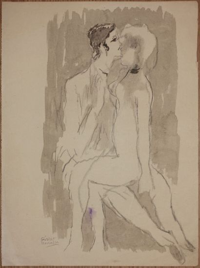 null Attributed to Fikret MOUALLA (1903-1967).

The Kiss.

Charcoal and ink wash...