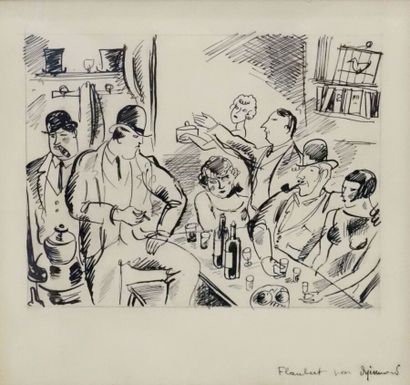 null André DIGNIMONT (1891-1965).

Au café " Flaubert ".

Feutre noir sur papier...