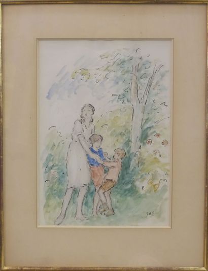 null Georges d'ESPAGNAT (1870-1950).

Mère et enfants.

Aquarelle, signée des initiales...