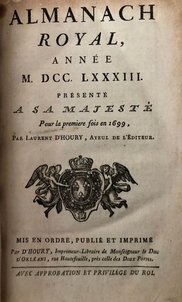 null ALMANACH ROYAL Année 1783. Paris, d'Houry, 1783 ; in-8 veau marbré de l'époque,...