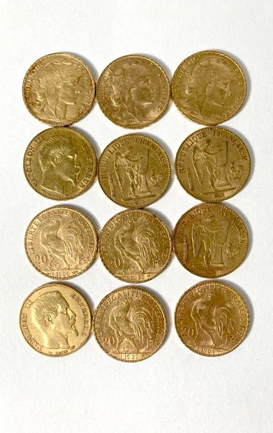 null Réunion de douze pièces de 20 Francs or :

- 1854

- 1857 

- 1875

- 1876

-...
