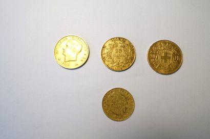 null Réunion de quatre pièces :

- 20 Lires 1811.

- 20 Francs 1851.

- 10 Francs...