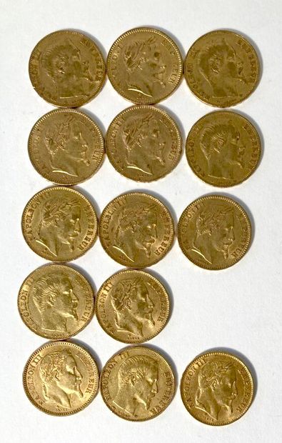 null Quatorze pièces de 20 Francs or Napoléon III, Empereur, (lauré et non lauré)....