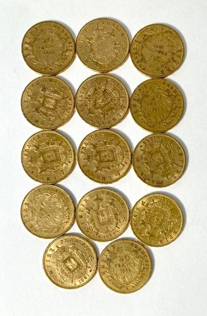 null Quatorze pièces de 20 Francs or Napoléon III, Empereur, (lauré et non lauré)....