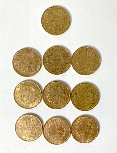 null Réunion de dix pièces de 20 Francs : 

- 1855

- 1857

- 1875 

- 1876

- 1877

-...