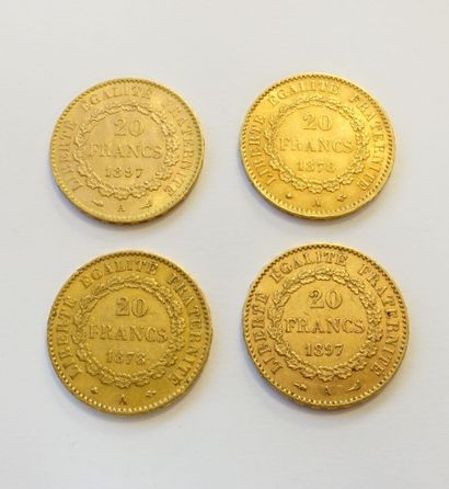 null Quatre pièces de 20 Francs or, 1878 (x2), 1897 (x2).



Frais acheteur réduits...