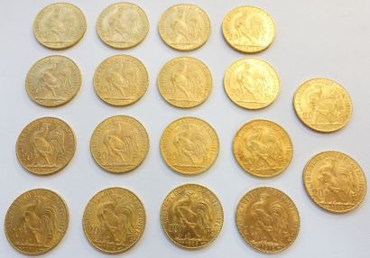 null Dix-huit pièces de 20 Francs or, 1904, 1905, 1907, 1908, 1909 (x3), 1911 (x2),...