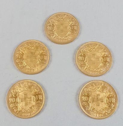 null Cinq pièces de 20 Francs Suisses or 1935.



Frais acheteur réduits à 10% H.T.



Pièces...