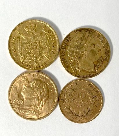 null Réunion de quatre pièces :

- 20 Lires 1811.

- 20 Francs 1851.

- 10 Francs...