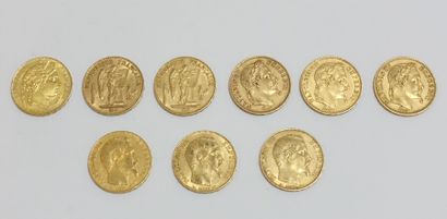 null Neuf pièces comprenant : 



Trois pièces de 20 Francs or 1854, 

une pièce...