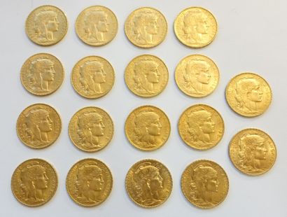 null Dix-huit pièces de 20 Francs or, 1904, 1905, 1907, 1908, 1909 (x3), 1911 (x2),...
