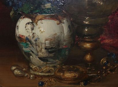 null Antoine VOLLON (1833-1900).

Nature morte au vase de Chine et aux bijoux.

Huile...