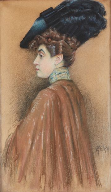  Camille METRA (XIX-XXe siècle). 
Portrait d'une élégante. 
Pastel, signé en bas...