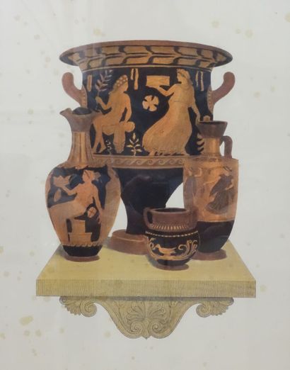 null Suite de quatre pièces encadrées à décor de vases antiques.

(Taches.)

Haut....